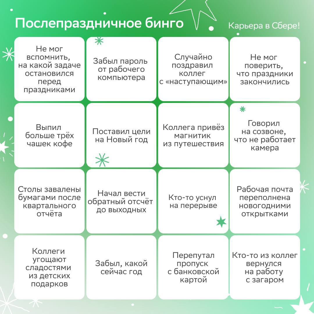 Пока настраиваешься на рабочий лад после январских, предлагаем сыграть в послепраздничное офисное бинго.
Одна совпавшая клетка — один балл | Сетка — социальная сеть от hh.ru