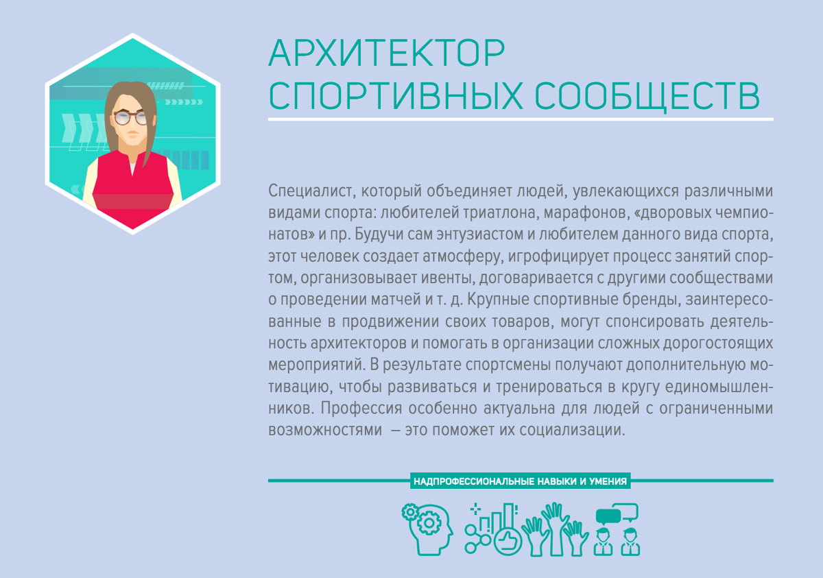 Изучал атлас будущих профессий РФ. Он основан на данных форсайт-сессий с ключевыми игроками рынка.
Нашел минимум 3 профессии с функциями создания сообществ | Сетка — социальная сеть от hh.ru