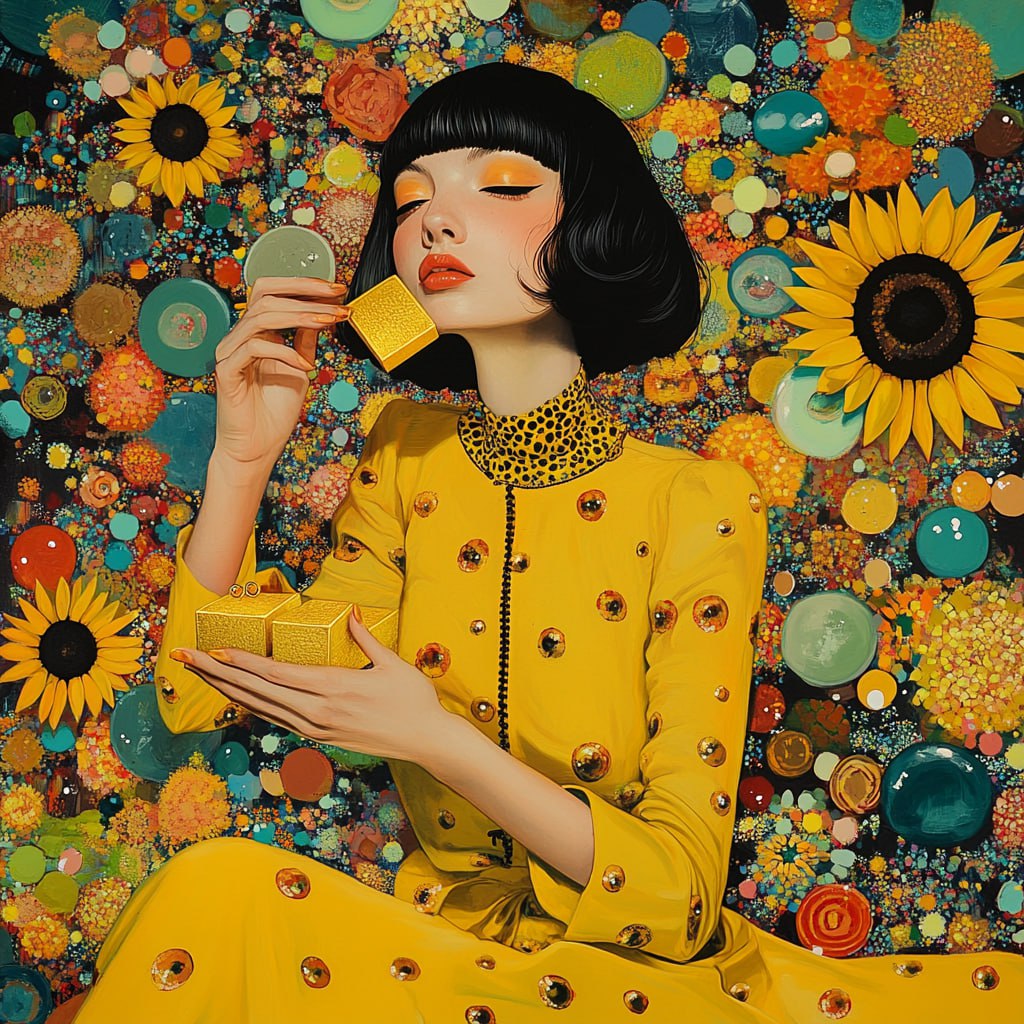 prompt: An elegant woman in yellow is playing gold ingot, sunflowers background, artist Yayoi Kusama --v 6.1
#Midjourney #ИИ #Шедеврум #prompt #промпт | Сетка — социальная сеть от hh.ru