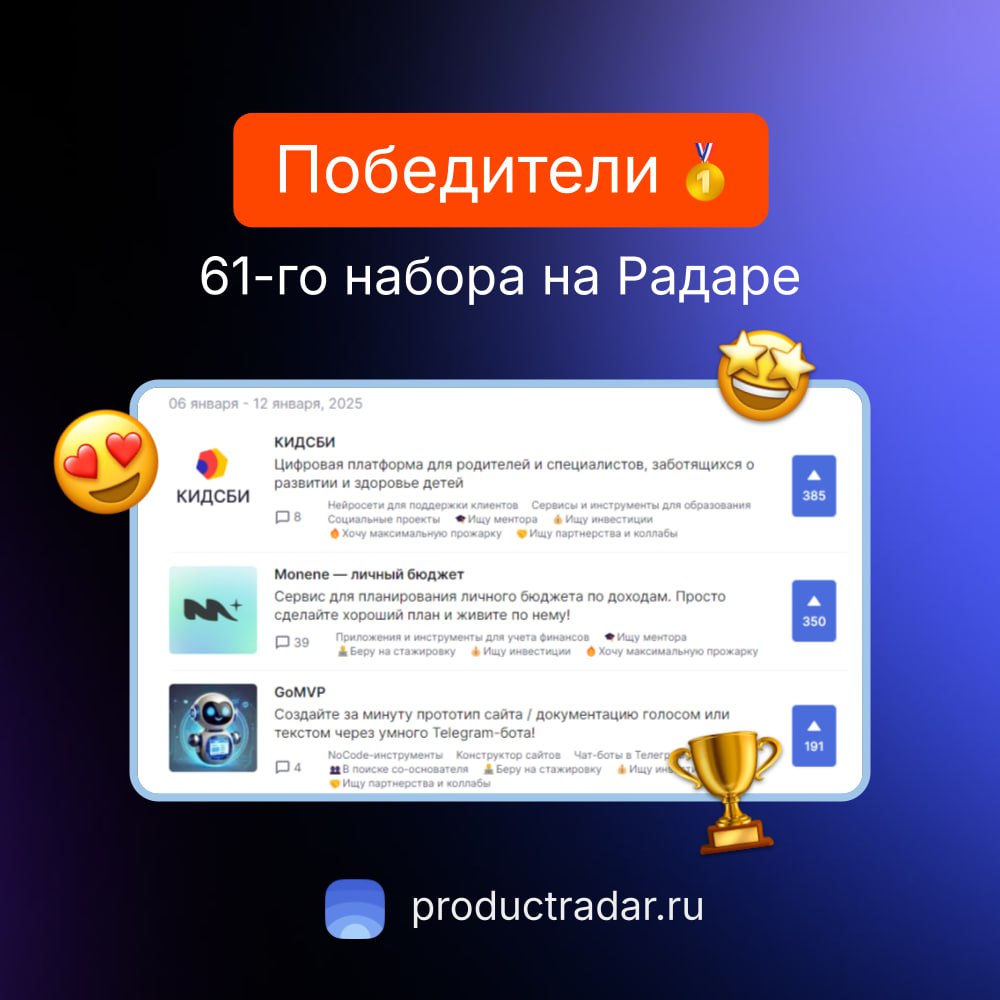 Победители прошлой недели на Радаре
61-й набор
🥇КИДСБИ
Цифровая платформа для родителей и специалистов, заботящихся о развитии и здоровье детей
🥈Monene — личный бюджет
Сервис для планирования личного ... | Сетка — социальная сеть от hh.ru