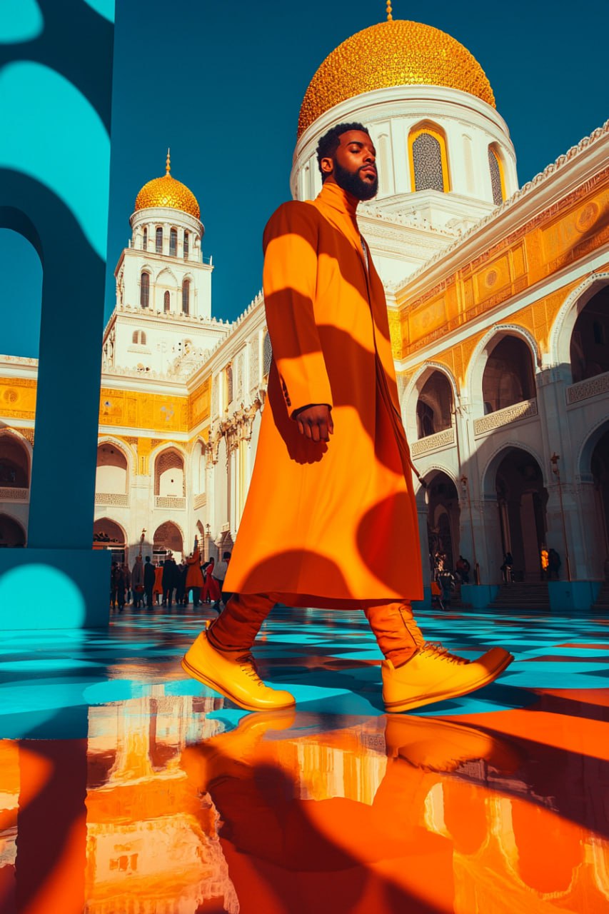 prompt: Editorial fashion photography. A low-angle tracking shot follows the man walking through a vast moorish architecture hall, flowing robes trailing | Сетка — социальная сеть от hh.ru