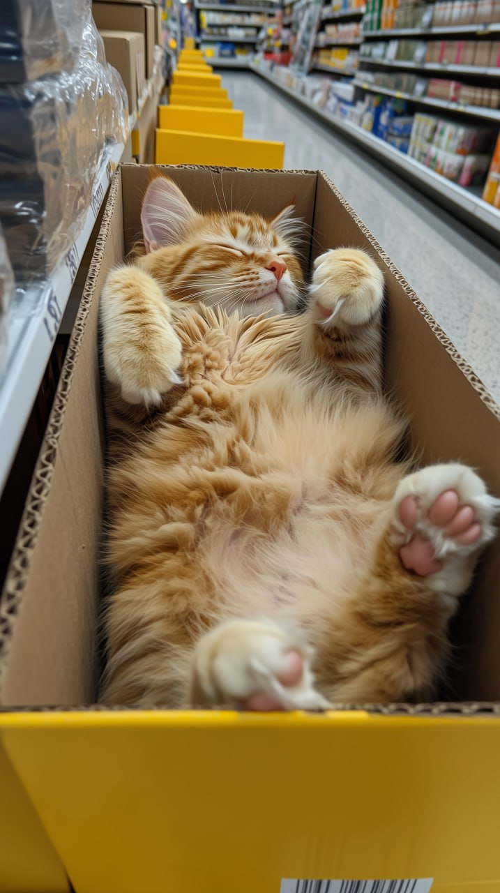 prompt: A phone photo posted in reddit in 2017, a fluffy, ginger tabby cat lies sprawled on its back inside a cardboard box on a store shelf, with its head gently tilted to one side and its eyes peace... | Сетка — социальная сеть от hh.ru