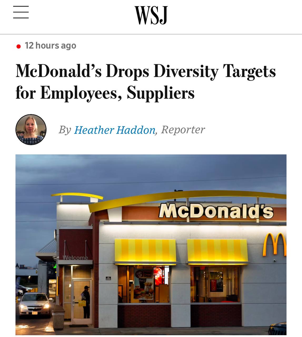 🔤🔤🔤🔤
McDonald's отказался от норм равенства и инклюзивности.
ℹ️Компания приняла решение отказаться от обязательных целей по равенству и инклюзивности для сотрудников и поставщиков | Сетка — социальная сеть от hh.ru