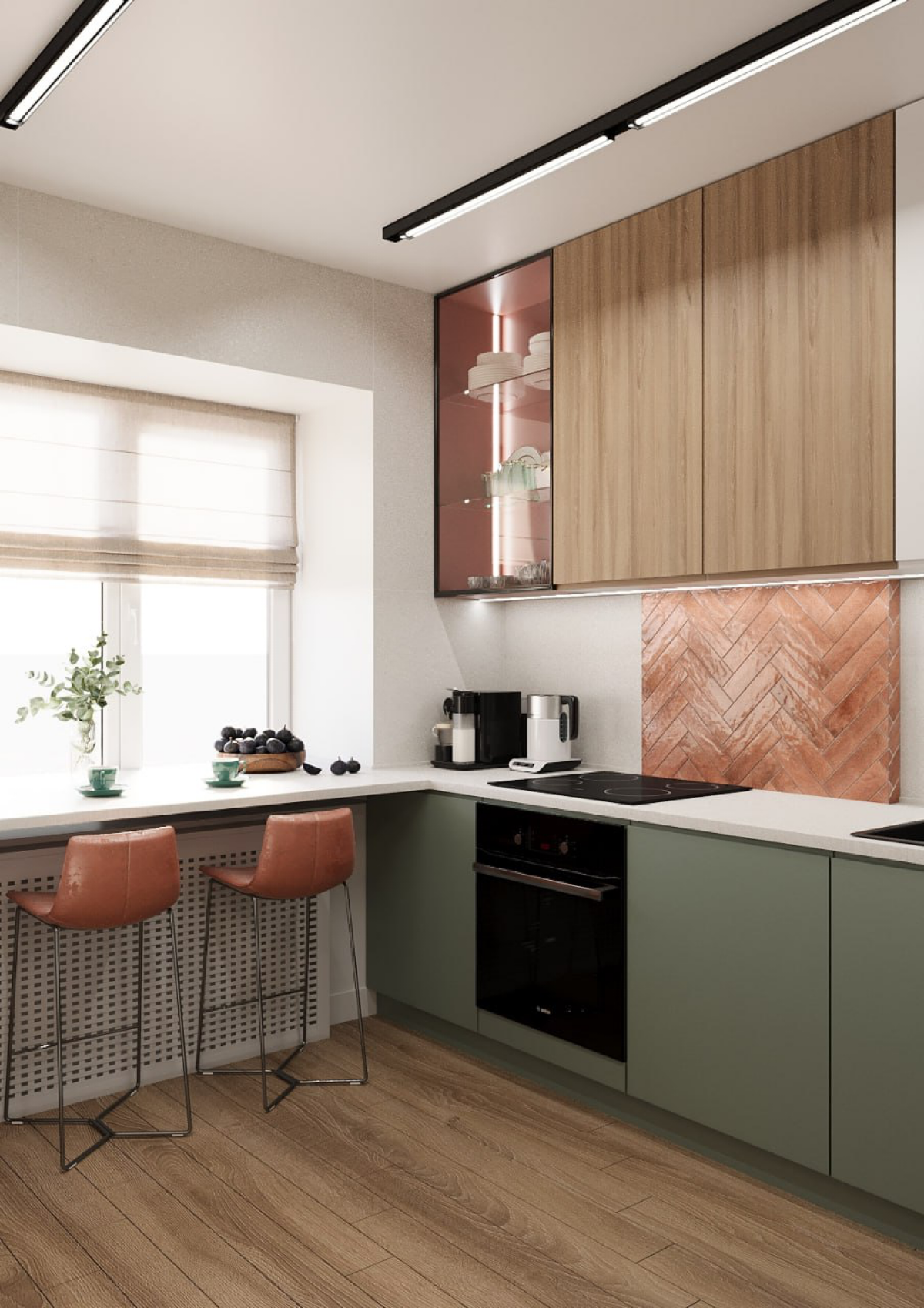 Уютная кухня в сердце столицы Урала!
Проект выполнен в исторической «брежневке». #уральскаябрежневка  
Оттенки зеленого и оранжевого благоприятно влияют на человека | Сетка — социальная сеть от hh.ru