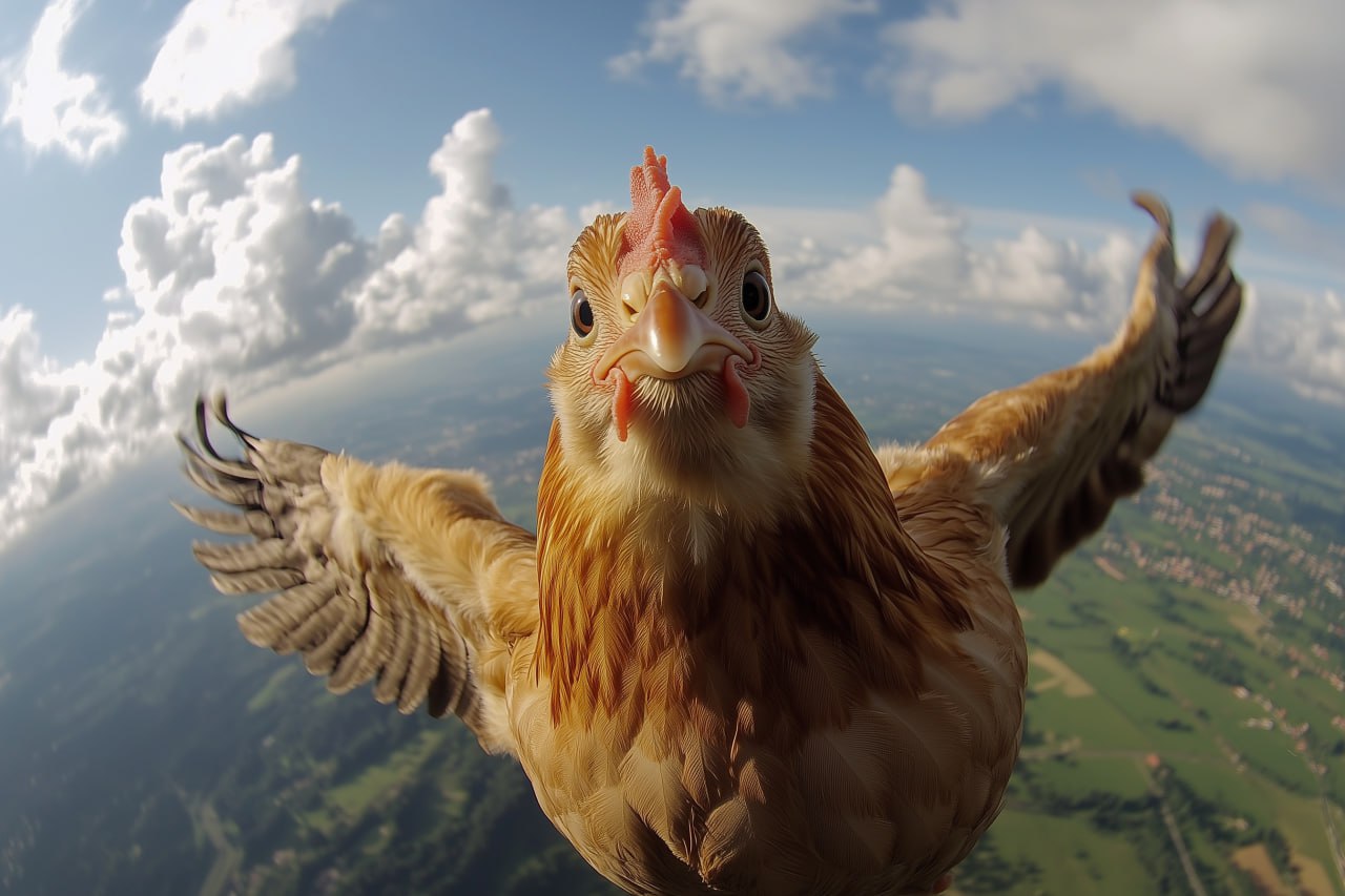 prompt: A chicken taking a selfie while skydiving --chaos 10 --ar 3:2 --v 6.1
#Midjourney #ИИ #Шедеврум #prompt #промпт | Сетка — социальная сеть от hh.ru