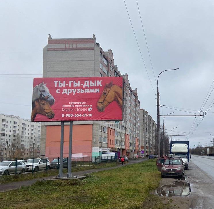 Ты-гы-дык с друзьями или чемпионский ты-гы-дык?
Рекламную кампанию конно-спортивного семейного клуба «Кони-Пони» разместили в Рыбинске летом 2024 года | Сетка — социальная сеть от hh.ru