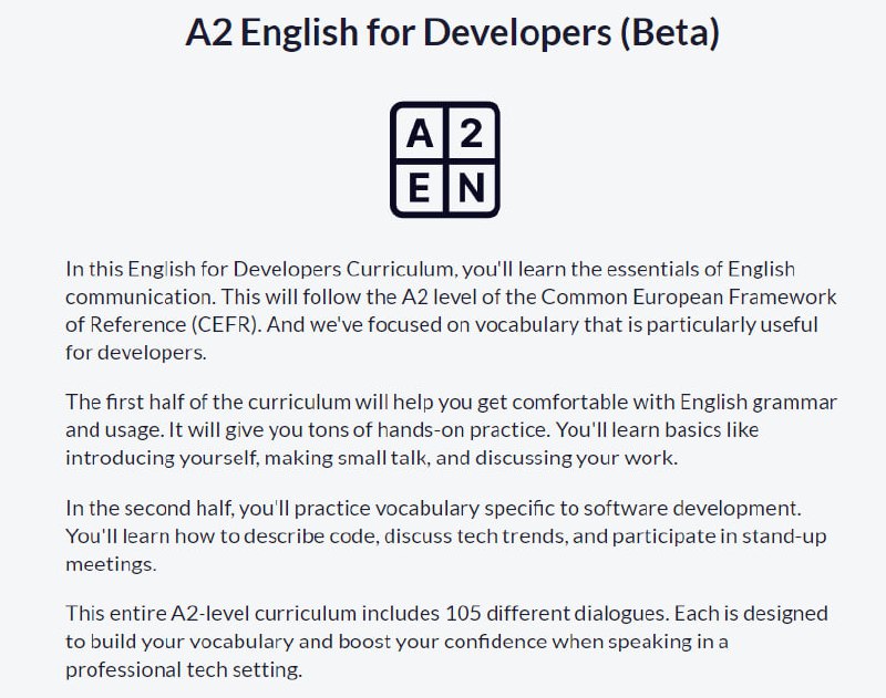 На freeCodeCamp есть бесплатный курс по английскому для разработчиков 👨🏻‍💻
Он на английском и требуется начальный уровень (А2).
Внутри 105 уроков от базовой грамматики до айтишной специфики | Сетка — социальная сеть от hh.ru