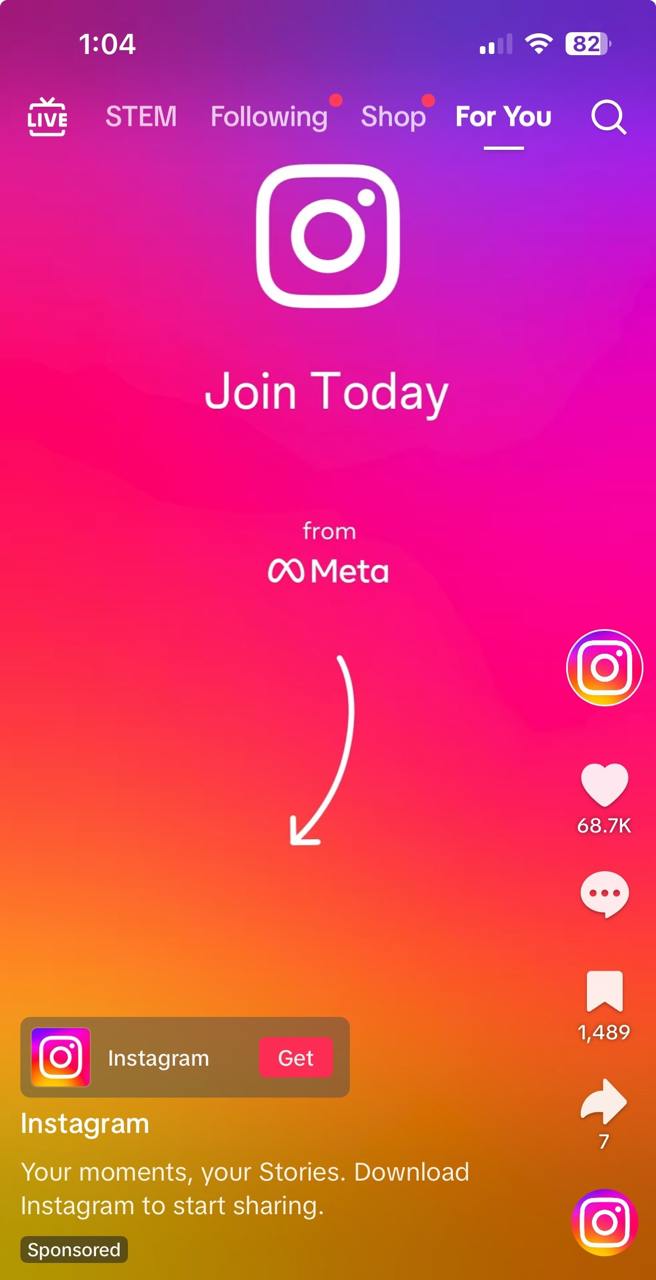 Это просто реклама экстремистской организации в TikTok, призывающая скачать Инсту и «присоединиться сегодня», запущенная в идеальном тайминге «завтра TikTok отключит сам себя в Штатах» | Сетка — социальная сеть от hh.ru