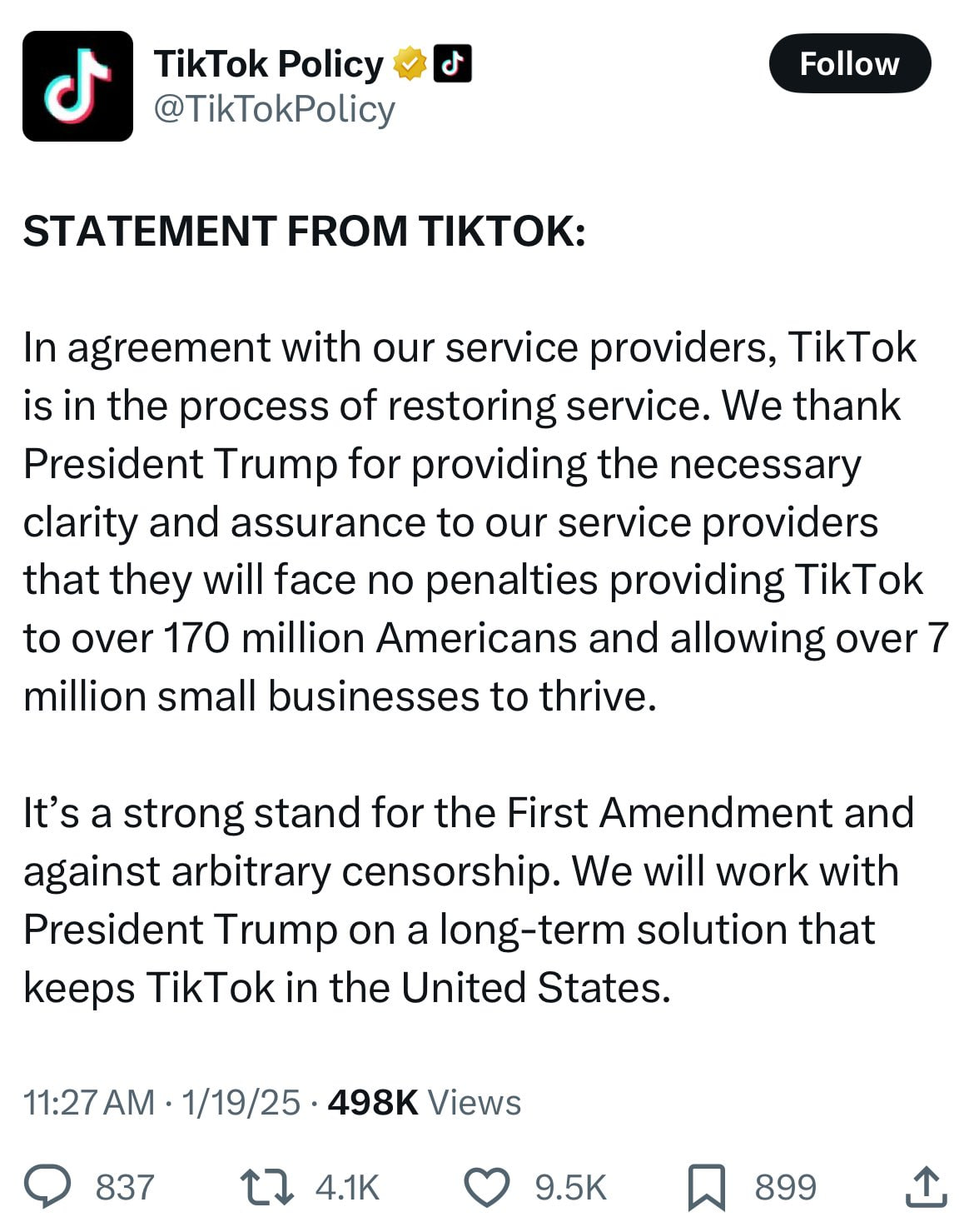 Это было быстро: после поста Трампа, ТикТок сообщил, что уже восстанавливает работу. Вскоре приложение будет доступно для большинства американцев | Сетка — социальная сеть от hh.ru