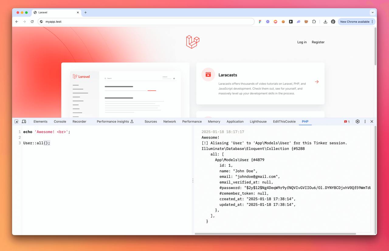 Используем Laravel Tinker в Chrome DevTools
Пакет Tinker от Laravel — это мощный инструмент REPL (Read-Eval-Print Loop), который позволяет вам взаимодействовать с вашим приложением Laravel из командно... | Сетка — социальная сеть от hh.ru