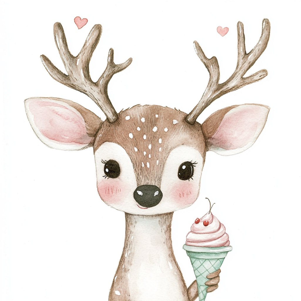 prompt: Watercolor, simple illustration, deer with a ice cream sunday for valentines day, big eyes, neutral, isolated on white background, pastel pink and mint --v 6.1 | Сетка — социальная сеть от hh.ru