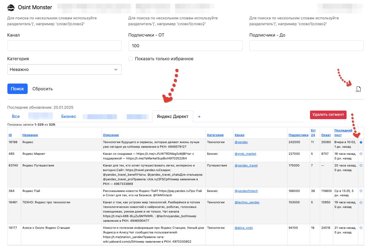 Небольшое обновление в osintmonster
Теперь там можно составлять списки телеграм каналов для рекламы разбивая на сегменты
Собрали сегмент - отдали экселку дальше
В osintmonster выборка сохранится, не н... | Сетка — социальная сеть от hh.ru