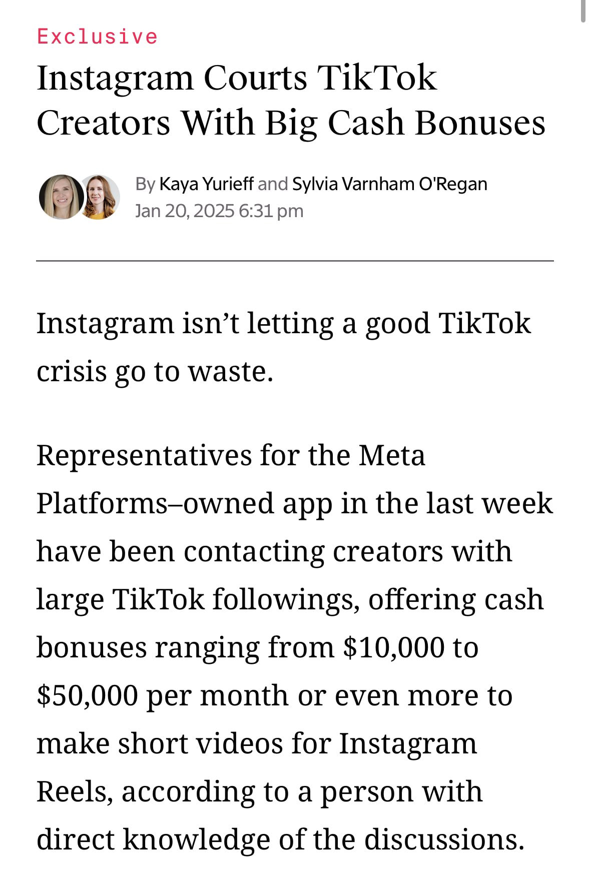 Инстаграм на прошлой неделе тоже не терял времени — The Information пишут, что представители соцсети связывались с крупными тиктокерами и предлагали им гонорары "$10-50K в месяц и выше" за создание эк... | Сетка — социальная сеть от hh.ru