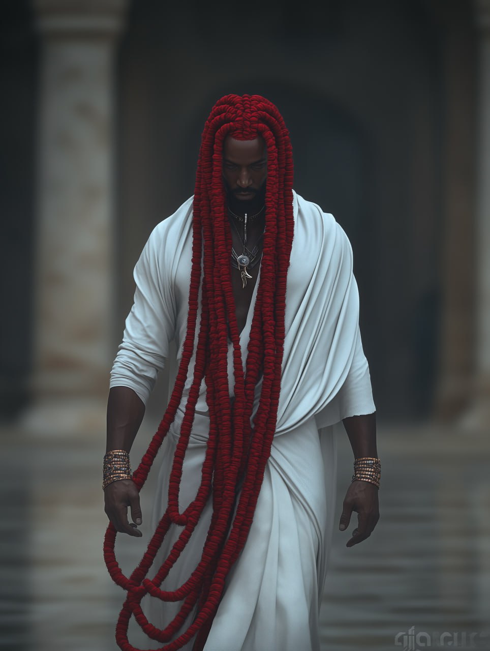 prompt: The Aesi. A demigod with long red dreadlocks. His is the power to enter minds and erase memories. --chaos 30 --ar 3:4 --style raw --profile zr7dliw --stylize 950 --v 6.1 | Сетка — социальная сеть от hh.ru