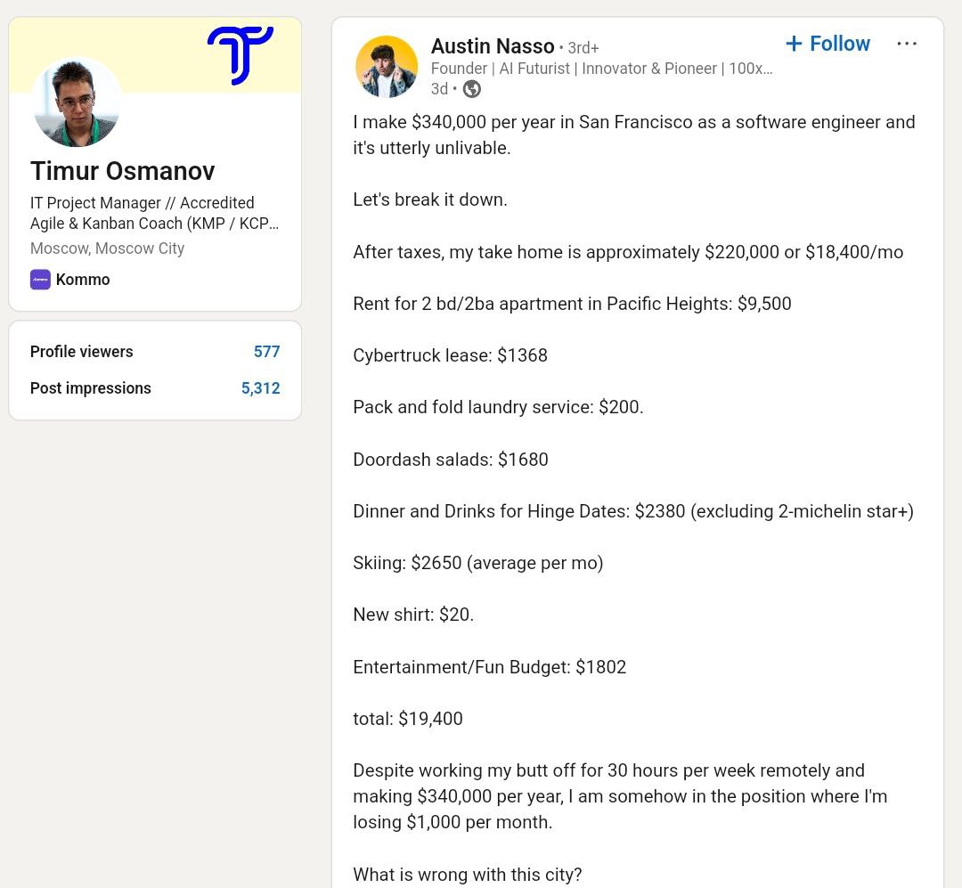 💸 Как выжить на зарплату в $340,000
Наткнулся на пост в LinkedIn, который вызвал бурные обсуждения на 28.000 реакций и 9.000 комментариев | Сетка — социальная сеть от hh.ru