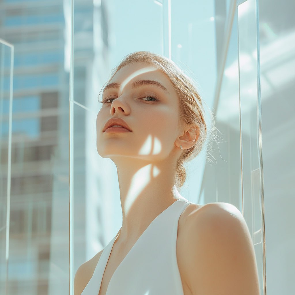 prompt: Portrait photography of a young white woman in a stylish white, low neckline, surrounded by a minimalist, high-tech cityscape with soft sunlight filtering through transparent panels, her neck ... | Сетка — социальная сеть от hh.ru