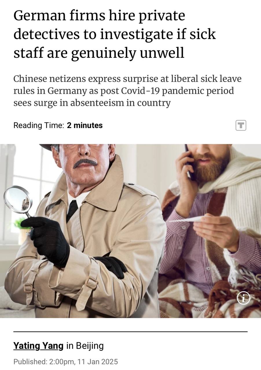 🔤🔤🔤🔤
🕵️В Германии за сотрудниками на больничном следят детективы.
🇩🇪Немецкие компании все чаще отправляют за сотрудниками на больничном… частных детективов | Сетка — социальная сеть от hh.ru