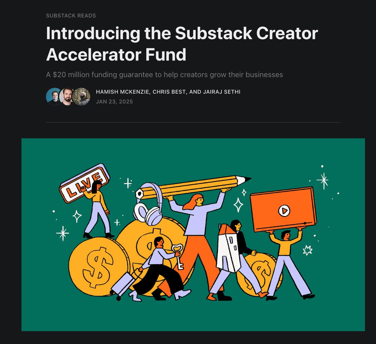 Substack запускает фонд поддержки креаторов
Итогом эфира Криса Беста стало объявление Substack Creator Accelerator Fund | Сетка — социальная сеть от hh.ru