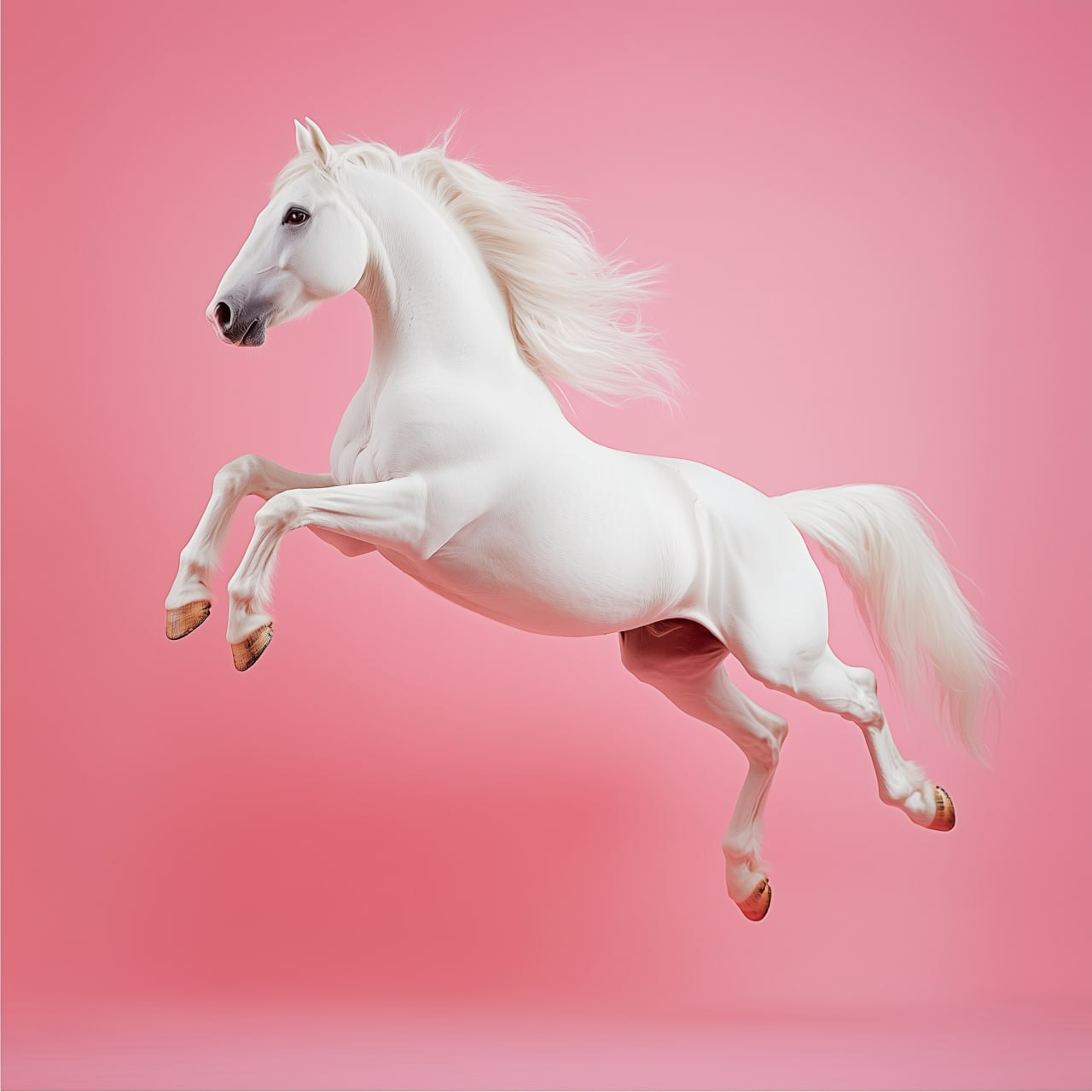 prompt: Whole white pony in profile on solid pink background jumping.Use a canon lens wide aperture of f/1.8 to f/4 for a shallow depth of field to create a blurred background effect | Сетка — социальная сеть от hh.ru