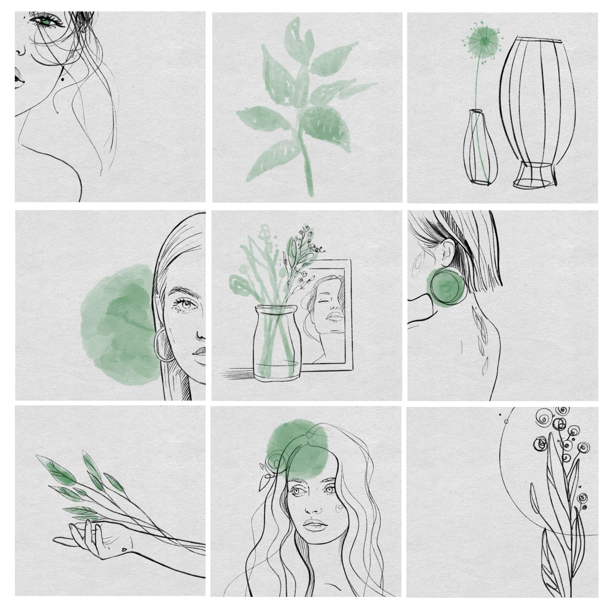 Мудборд 🖊️
Люблю рисовать девушек, растения, природу 😁💚  
#иллюстратор #мудборд | Сетка — социальная сеть от hh.ru