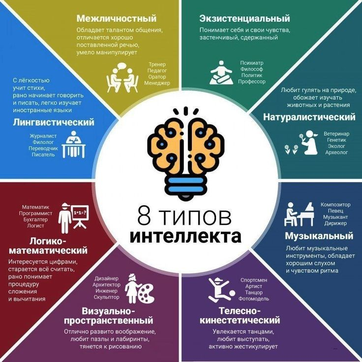 8 ТИПОВ ИНТЕЛЛЕКТА 
 
Говард Гарднер, американский психолог, в 1983 году выдвинул теорию множественного интеллекта, согласно которой существует восемь различных типов интеллекта | Сетка — социальная сеть от hh.ru
