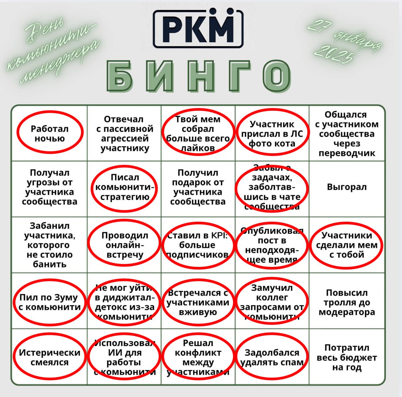 🎆 Бинго в День комьюнити-менеджера
Еее, поздравляю всех причастных к управлению сообществ с профессиональным праздником! Пусть наши менеджерские навыки и дальше делают сообщества и мир вокруг нас лучш... | Сетка — социальная сеть от hh.ru