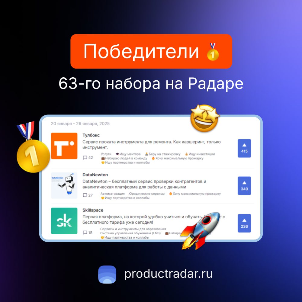 Победители прошлой недели на Радаре
63-й набор
🥇Тулбокс
Сервис проката инструмента для ремонта. Как каршеринг, только инструмент | Сетка — социальная сеть от hh.ru