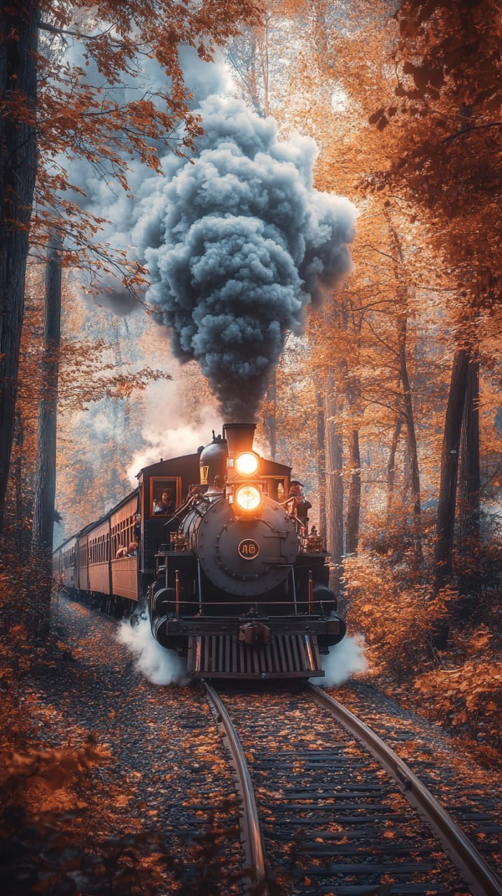 prompt: A steam train with billowing smoke is moving through the forest, surrounded by autumn leaves and tall trees. The engine of one car has its lights on as if it's about to turn or make a stop | Сетка — социальная сеть от hh.ru
