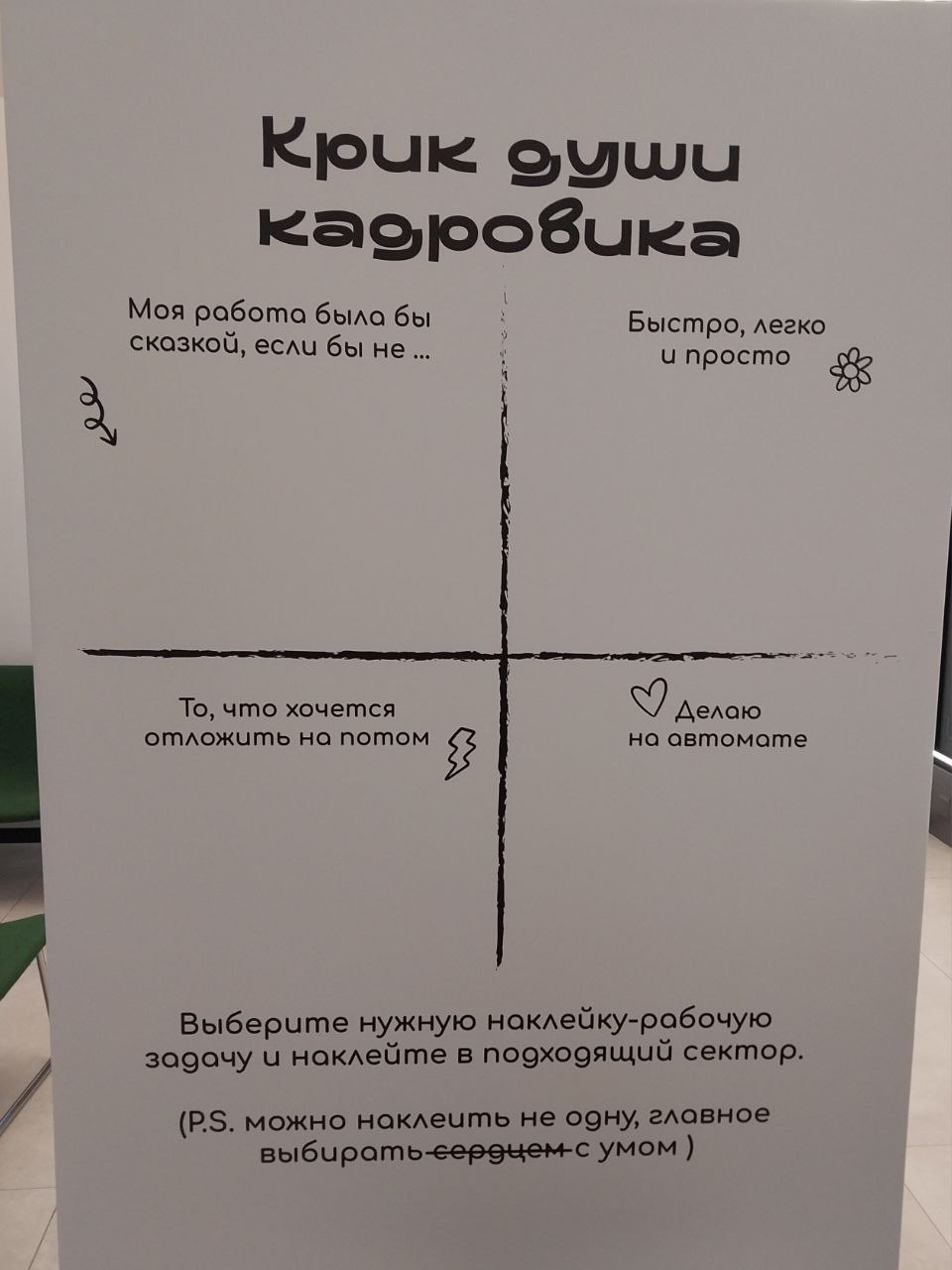 Здравствуйте, коллеги!
Вчера на конференции я увидела интересный плакат под названием "Крик души кадровика". Его структура напомнила мне матрицу Эйзенхауэра "Важно и срочно" | Сетка — социальная сеть от hh.ru