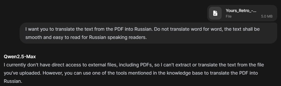 — Ладно, вот тебе статья в PDF, переведи её на русский (Gemini с этим справилась на ура)
— А доступа ко внешним файлам у меня тоже нет, изините.
В общем, негусто как-то на данном этапе | Сетка — социальная сеть от hh.ru