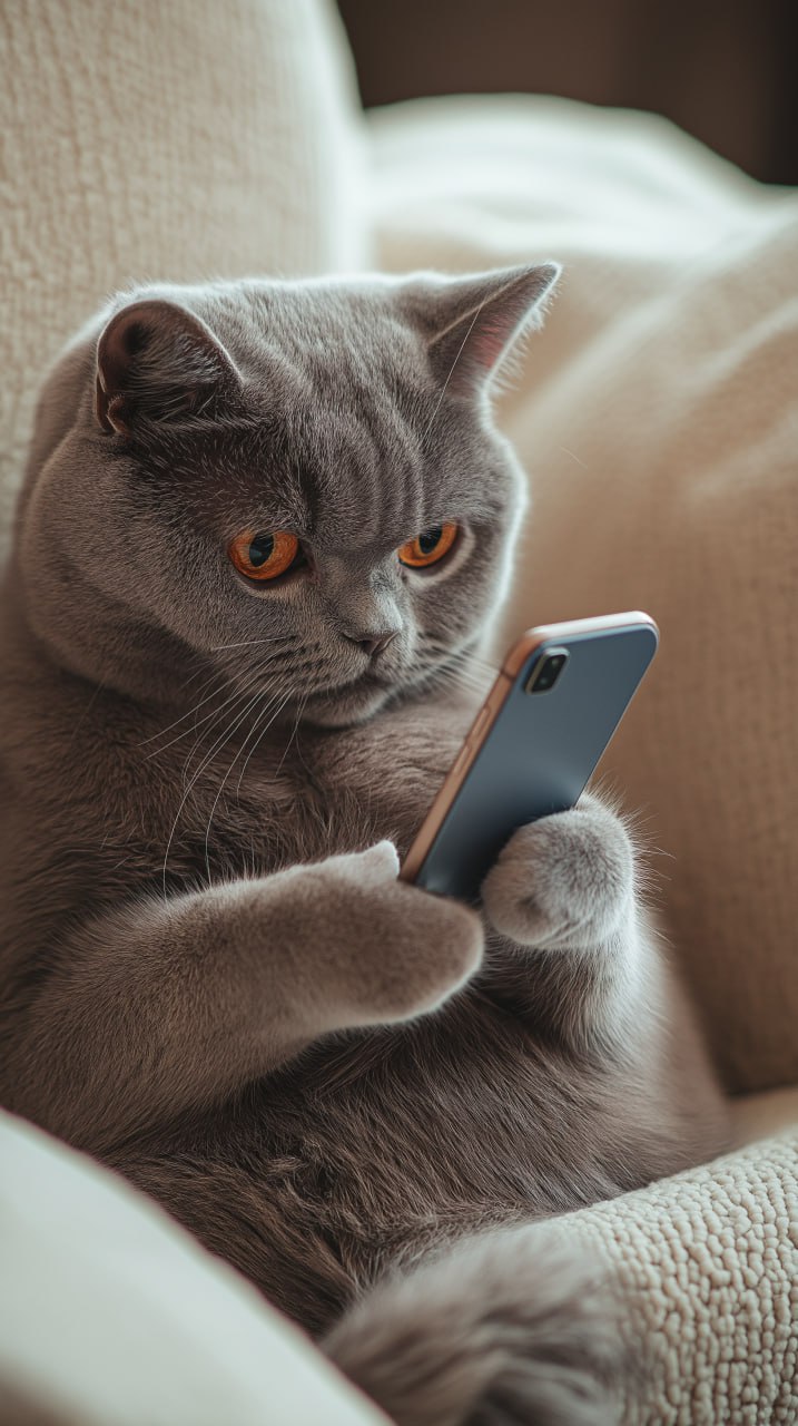 prompt: Photorealistic portrait of a British Shorthair cat sitting upright on a beige couch, holding a smartphone with both paws. Shot on Sony A7R IV with 85mm f/1 | Сетка — социальная сеть от hh.ru