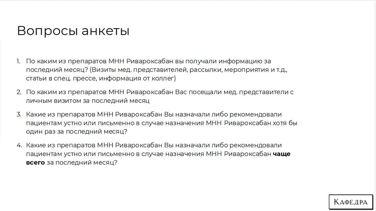 Продвижение и назначение дженериков ривароксабана
Дособирали еще кардиологов и терапевтов и собрали презентацию по исследованию.
Полную версию отчета можно скачать в боте → https://t | Сетка — социальная сеть от hh.ru