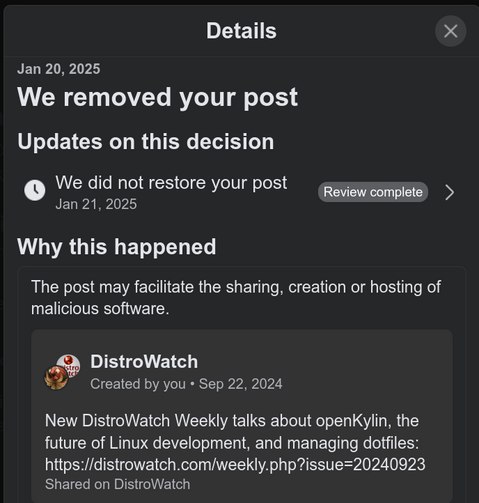 Facebook* блокирует посты, группы и пользователей, связанные с Linux и DistroWatch
Разработчики внутренней политики Facebook решили, что Linux — это вредоносное ПО и «угроза кибербезопасности», предпо... | Сетка — социальная сеть от hh.ru