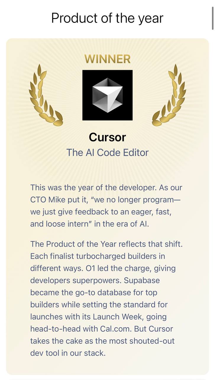 Продуктом года стал Cursor, редактор кода с ИИ.
https://www.cursor.com/?ref=producthunt
Про него чаще всего вижу статьи и туториалы про создание продуктов без знания программирования | Сетка — социальная сеть от hh.ru