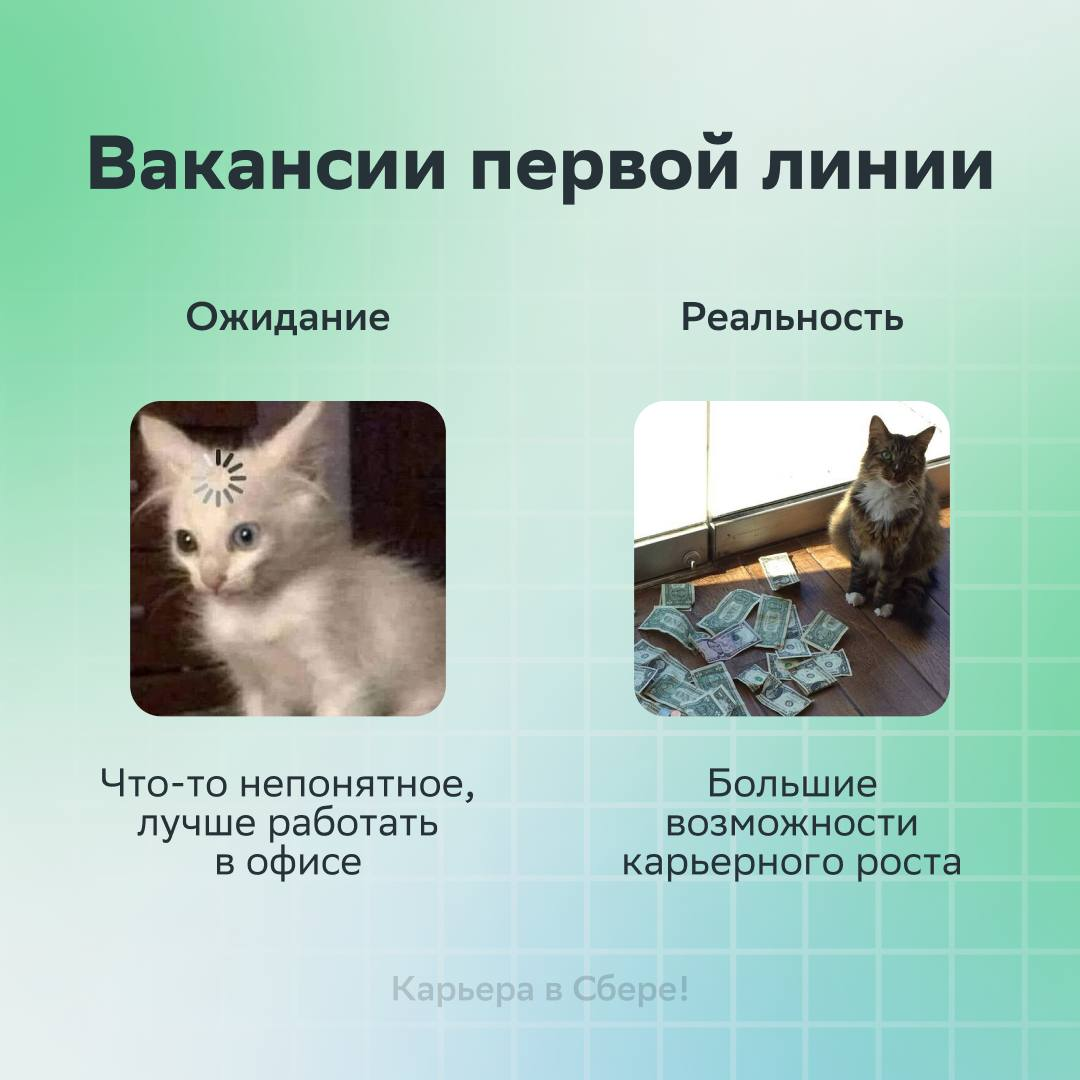Все ищут место, где сбываются мечты, а мы в нём работаем :)
И тебя приглашаем в Первую линию Сбера реализовывать амбиции и тусить с крутыми коллегами!
Чтобы реальность превзошла любые ожидания, оставл... | Сетка — социальная сеть от hh.ru