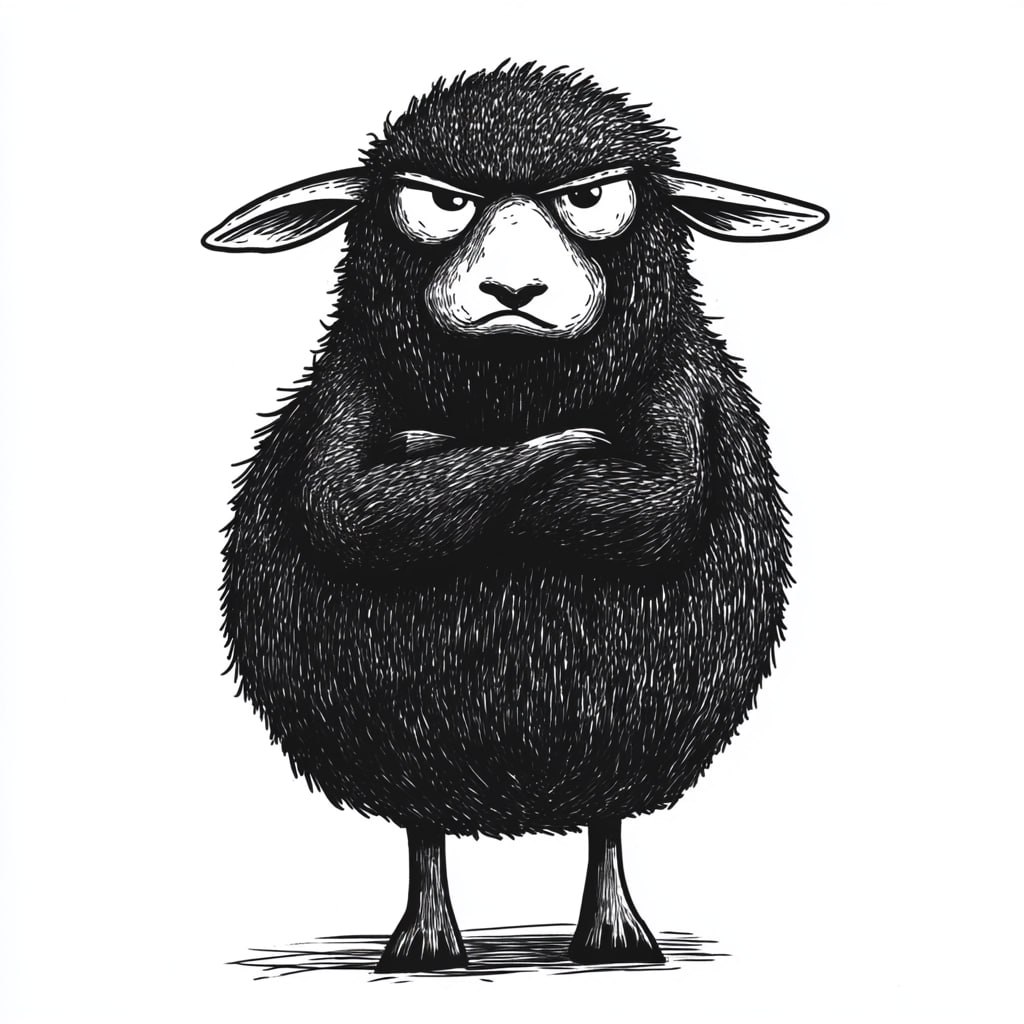 prompt: a full body shot of grumpy black sheep with his arms crossed, sheep has angry grumpy face, doodle style line art style, bold lines, white background --v 6.1 | Сетка — социальная сеть от hh.ru