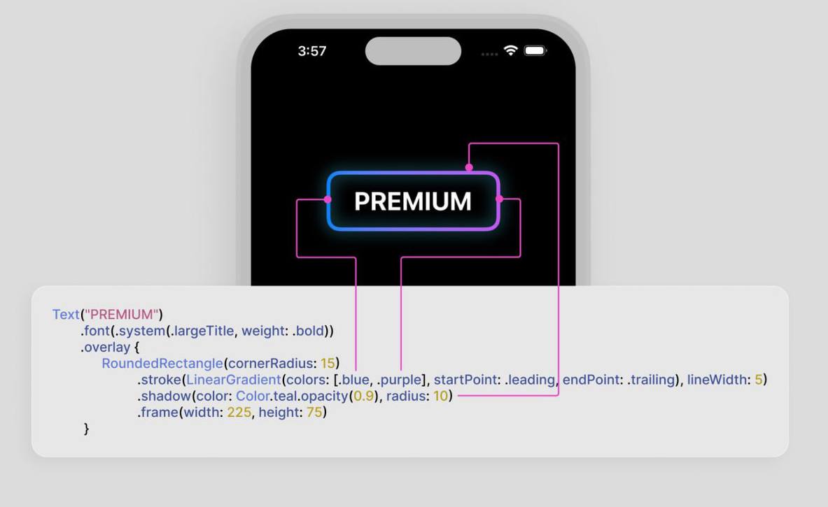 💡 SwiftUI
Легко создавайте светящуюся градиентную рамку в SwiftUI, используя модификаторы stroke() и shadow(). | Сетка — социальная сеть от hh.ru
