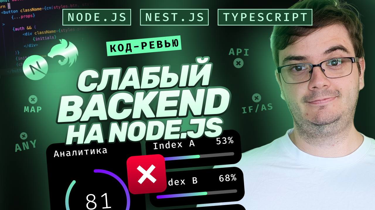 #видео Код-ревью. Слабый backend на Node.js & Nest.js. 7 ошибок. Работа с Typescript
В этом видео разберем backend сервиса аналитики на Node.js & Nest | Сетка — социальная сеть от hh.ru