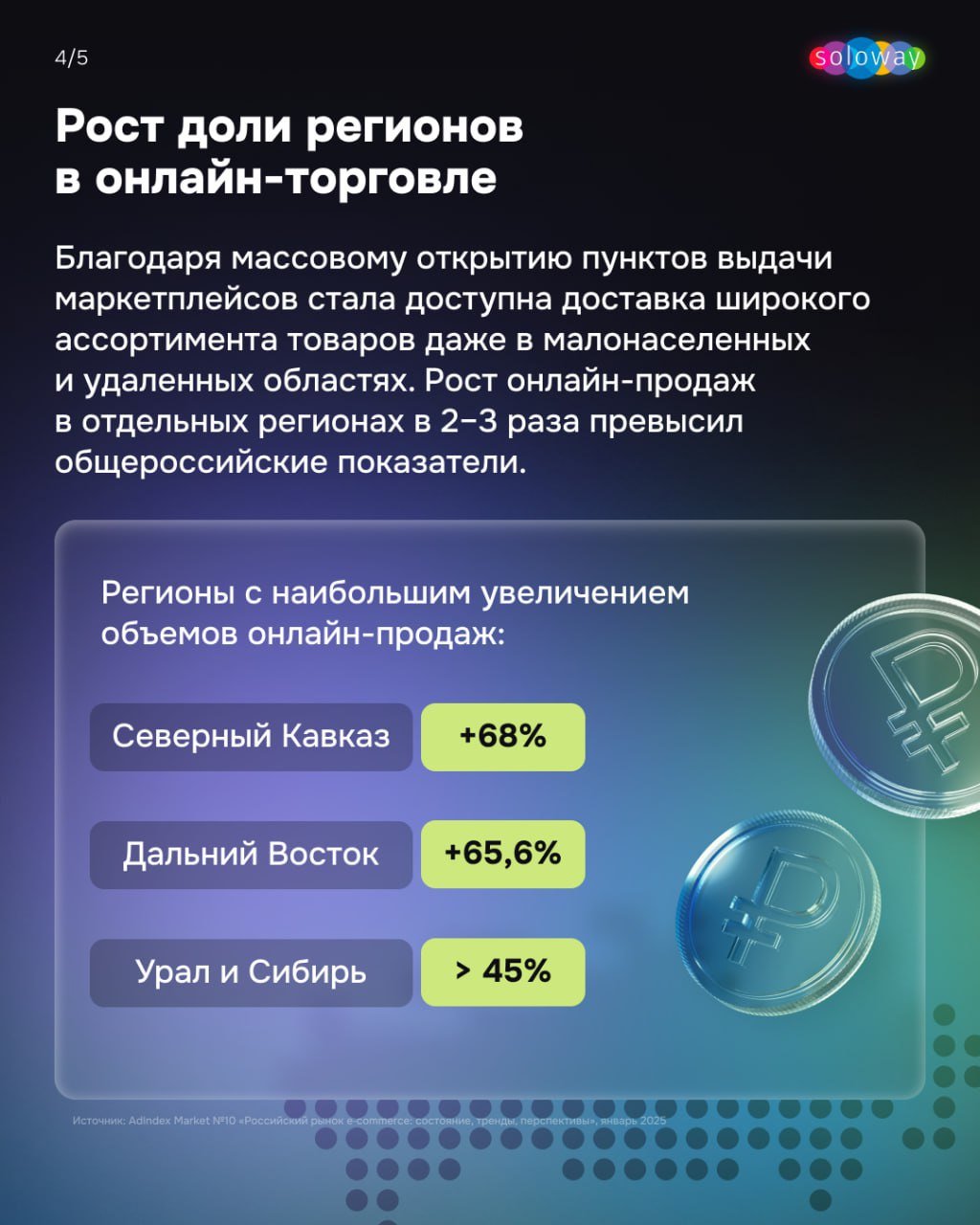 ⚡️ Главные тренды e-commerce от AdIndex Market
Ключевые тренды e-commerce на 2024–2025:
🔣 Увеличение доли регионов в онлайн-торговле
🔣 Ретейл-площадки становятся медийными ресурсами
🔣 Преобладают поку... | Сетка — социальная сеть от hh.ru