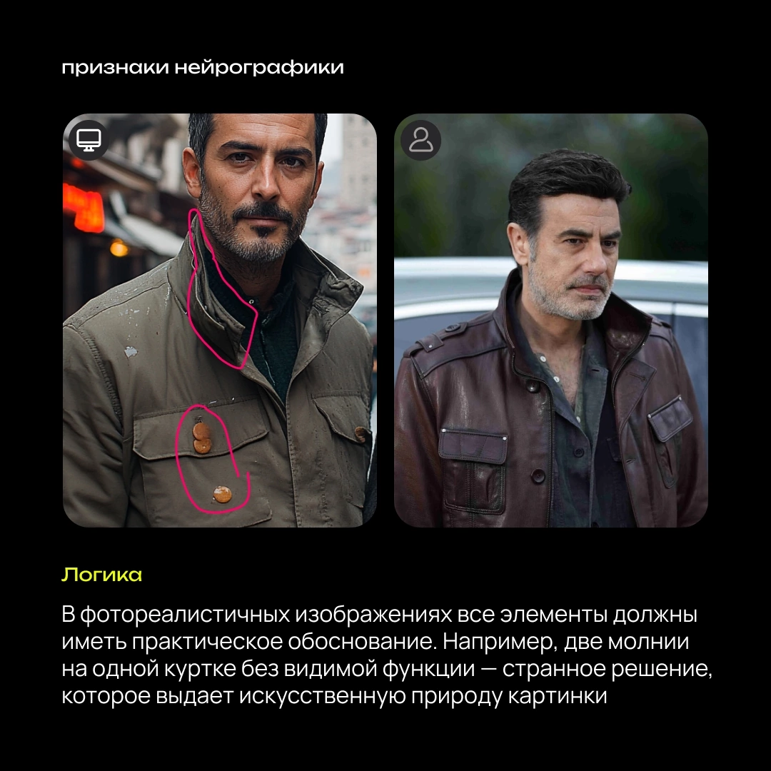 Оформила карточки, в которых выделила ключевые отличия нейрографики и фотографии. В последнее время различать их стало сложно даже мне | Сетка — социальная сеть от hh.ru