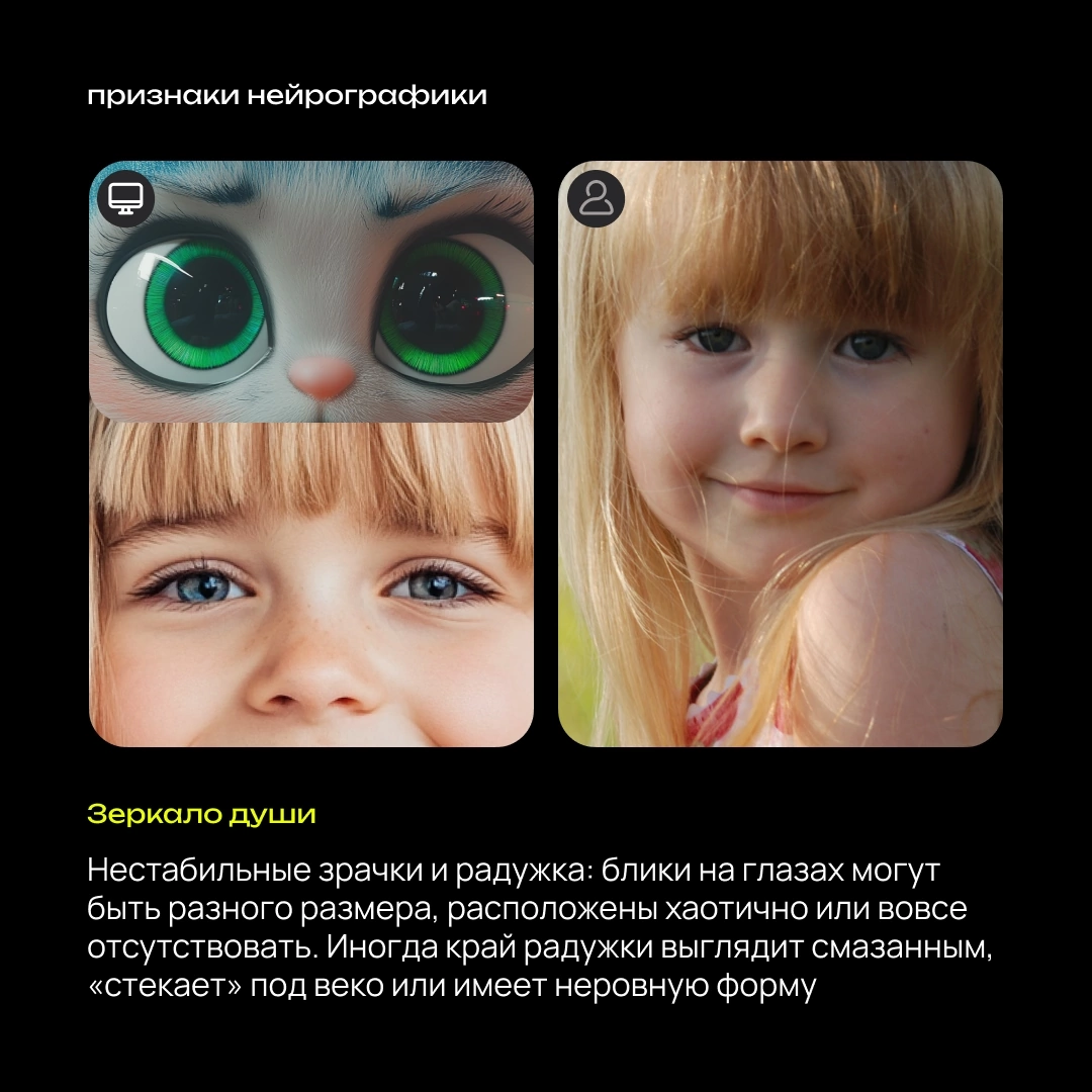 Оформила карточки, в которых выделила ключевые отличия нейрографики и фотографии. В последнее время различать их стало сложно даже мне | Сетка — социальная сеть от hh.ru