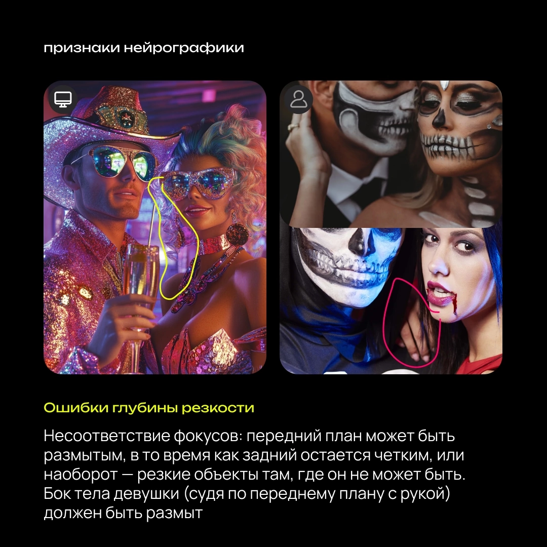 Оформила карточки, в которых выделила ключевые отличия нейрографики и фотографии. В последнее время различать их стало сложно даже мне | Сетка — социальная сеть от hh.ru