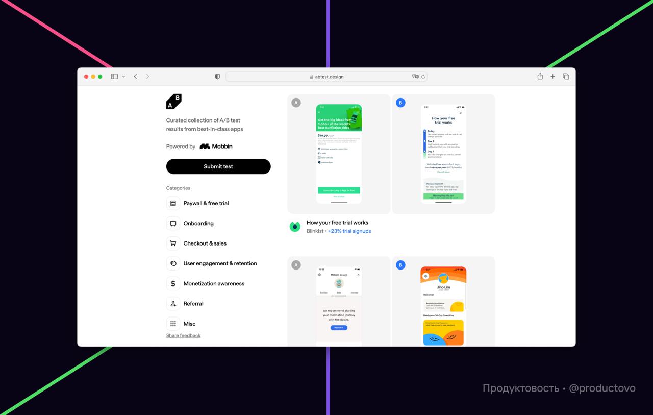 Коллекция успешных А/Б тестов крупных компаний
ABtest.design — это ресурс, который собирает реальные кейсы успешных A/B-тестов крупных компаний вроде Duolingo, Uber и Headspace | Сетка — социальная сеть от hh.ru