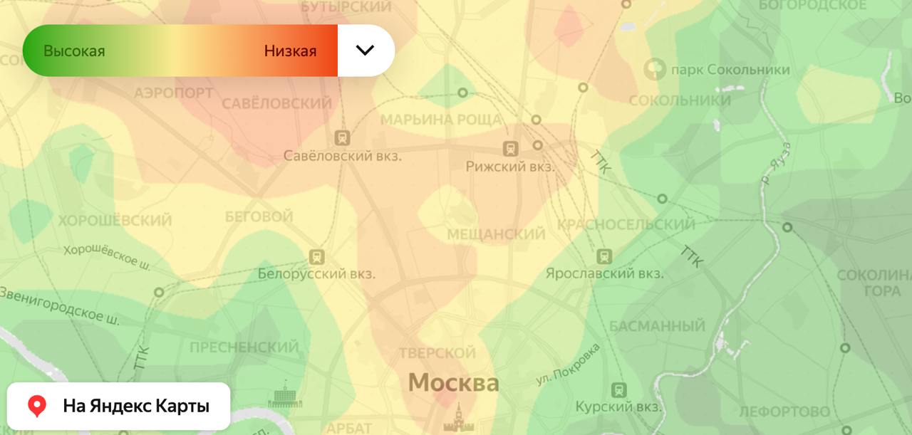 В сервисе Яндекс Недвижимости есть тепловая карта, которая показывает доступность каршеринга Яндекс Драйв | Сетка — социальная сеть от hh.ru