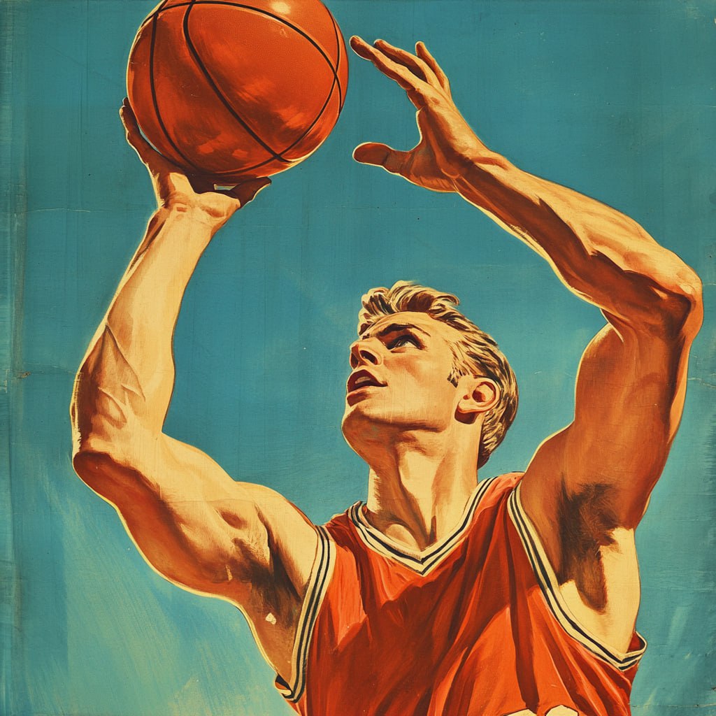 prompt: a vintage 1950s basketball player shooting a basket ball --v 6.1 | Сетка — социальная сеть от hh.ru