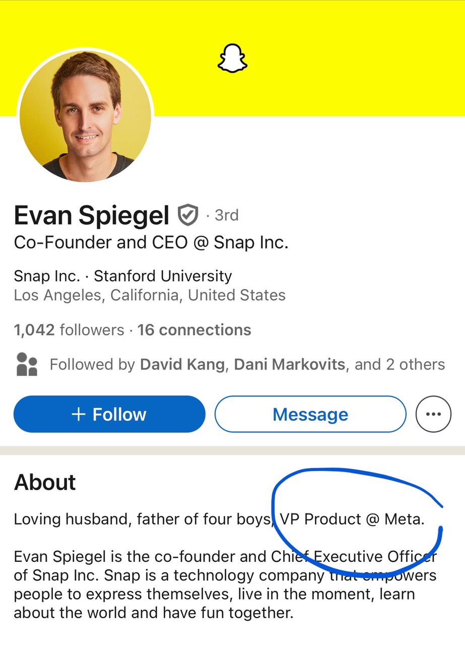 Эван Шпигель, кофаундер Snapchat разработчик самых популярных фичей Инстаграма и Фейсбука, завел себе профиль в Линкедин 🤌
Те, кто не живут в США, могут подумать «а кто-то вообще пользуется Snapchat?»... | Сетка — социальная сеть от hh.ru