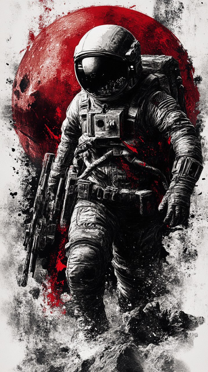 prompt: An astronaut and a giant battle robot run on a glacier, with a huge full moon in the background., clean background | Сетка — социальная сеть от hh.ru