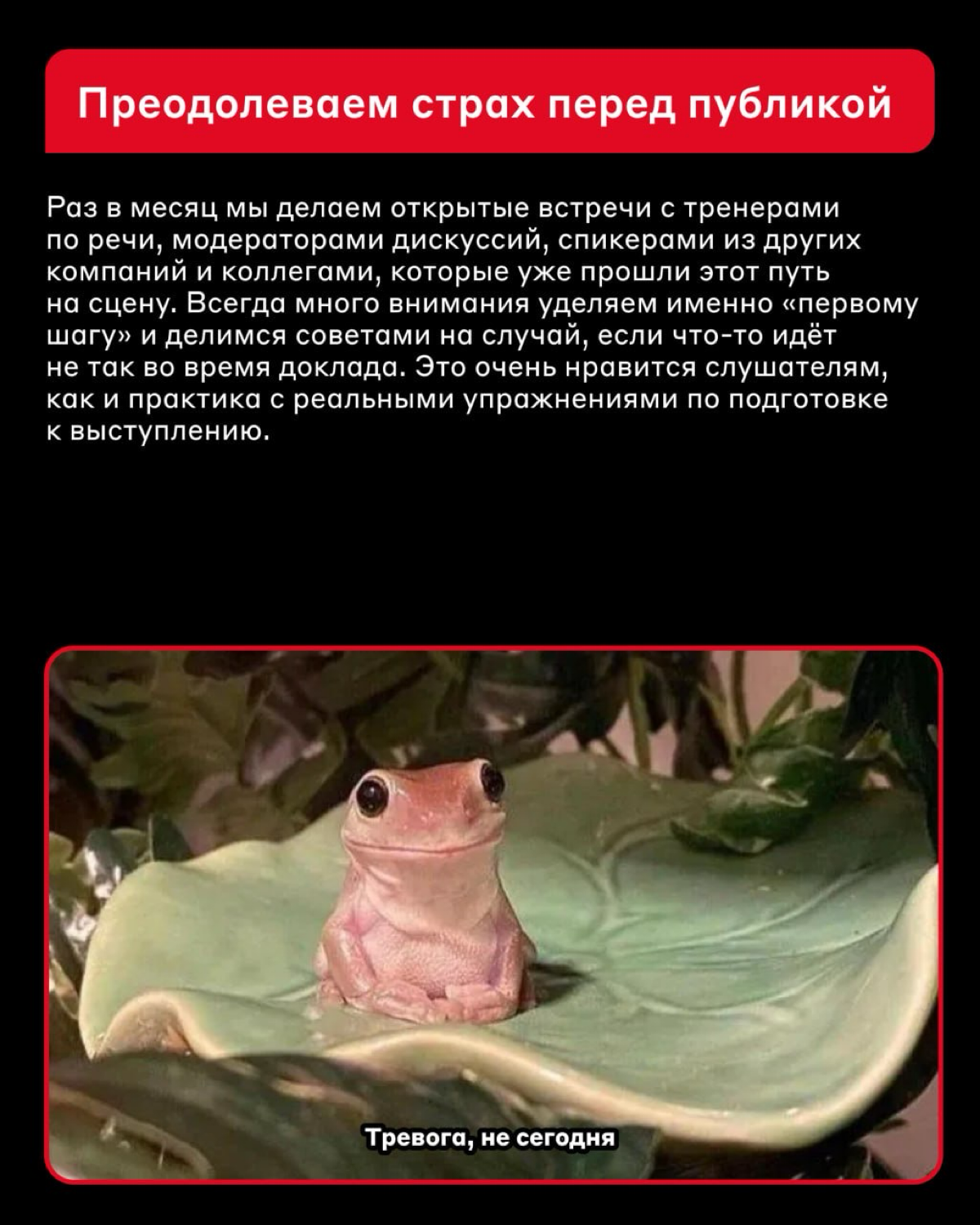 Коллеги, у нас «Есть разговор» 🙊
Это сообщество в системе комьюнити Альфа-Банка, которое помогает готовиться к публичным выступлениям | Сетка — социальная сеть от hh.ru