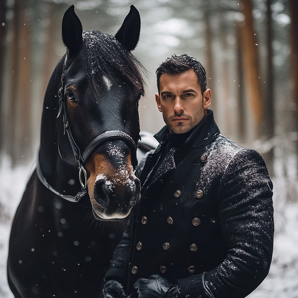 prompt: 35 years old man with square face type, short cut hairstyle, hair color black, athletic build, straight cinematic realistic photo of man in black coat standing next to a black horse, looking a... | Сетка — социальная сеть от hh.ru