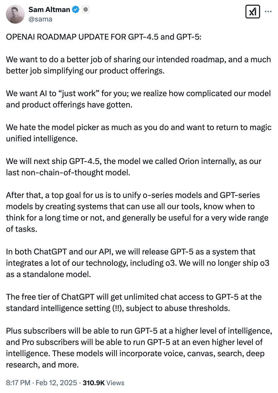 Ближайший большой релиз OpenAI — GPT-4.5. Она станет последней «не думающей» языковой моделью | Сетка — социальная сеть от hh.ru